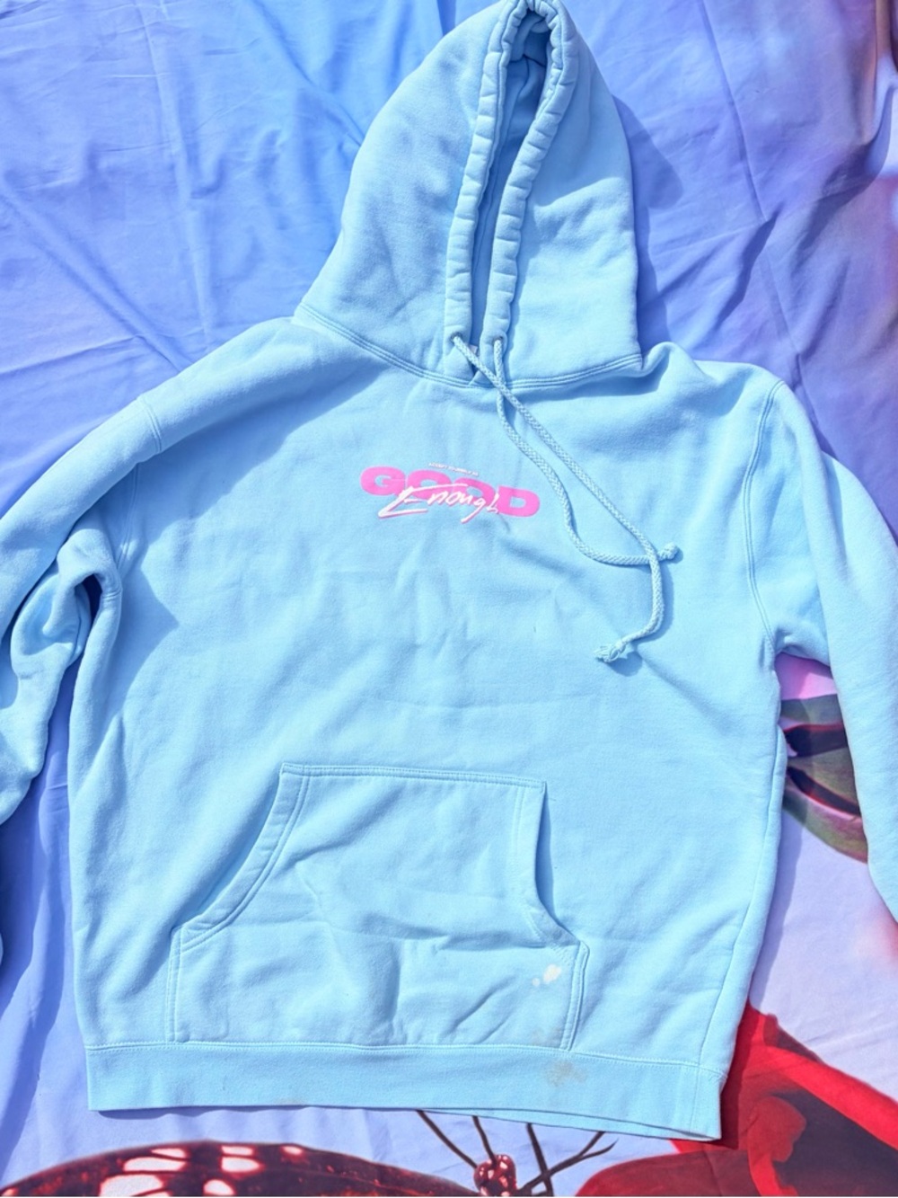 Light Blue Hoodie with Pink 'Good Enough' Graphic